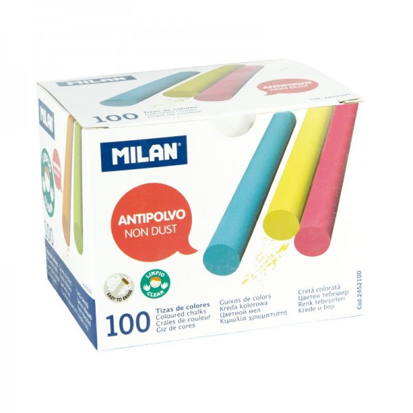 Caja 100 tizas Milan antipolvo de colores