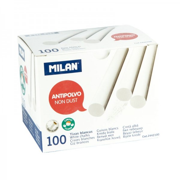 Caja 100 tizas Milan antipolvo blancas
